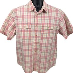 LL Bean Mens Short Sleeve Plaid Button Down Shirt Traditional Fit Pink Blue L
